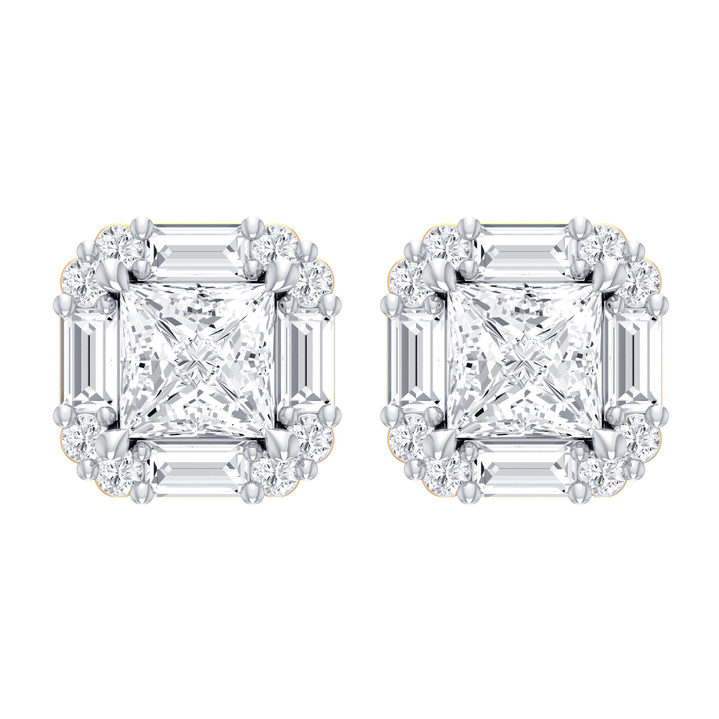 Certified 2.33 CTW Round & Baguette & Princess Cut VS Lab Grown Stud Earrings w/ 1.84 CTW Princess CutCenter 14KT Gold