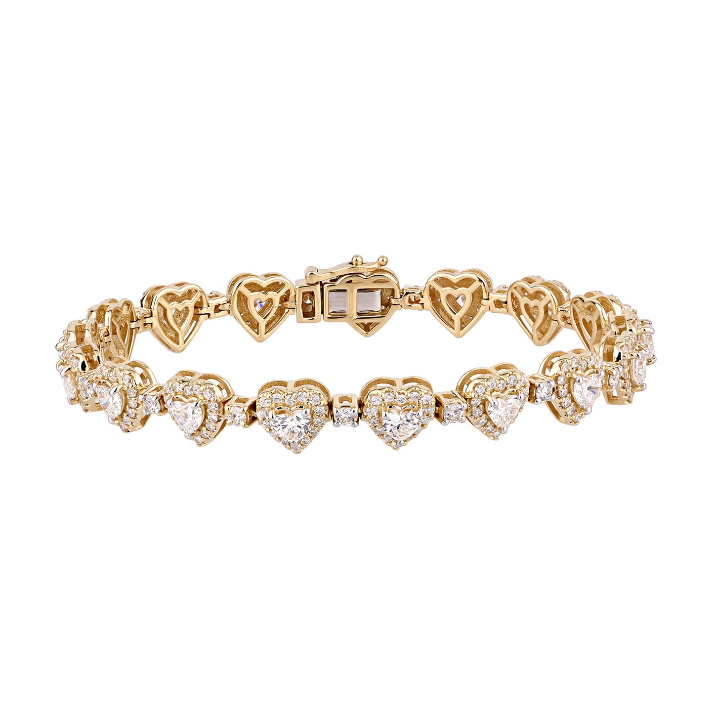 Certified 5.93 CTW Heart Center Cut w/ Round VS Lab Grown 7" Tennis Bracelets 14KT Gold