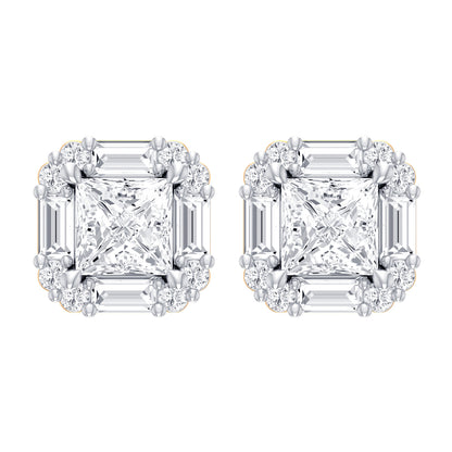 Certified 2.33 CTW Round & Baguette & Princess Cut VS Lab Grown Stud Earrings w/ 1.84 CTW Princess CutCenter 14KT Gold