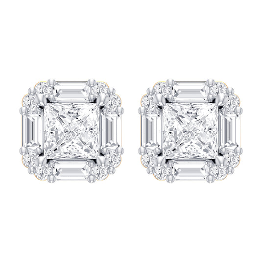 Certified 2.33 CTW Round & Baguette & Princess Cut VS Lab Grown Stud Earrings w/ 1.84 CTW Princess CutCenter 14KT Gold