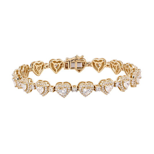 Certified 5.93 CTW Heart Center Cut w/ Round VS Lab Grown 7" Tennis Bracelets 14KT Gold