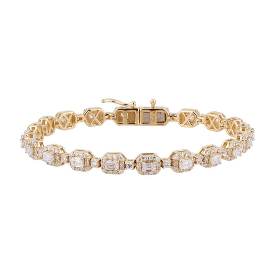 Certified 5.33 CTW Emerald and Round Cut VS Lab Grown 7" Fancy Bracelets 14KT Gold